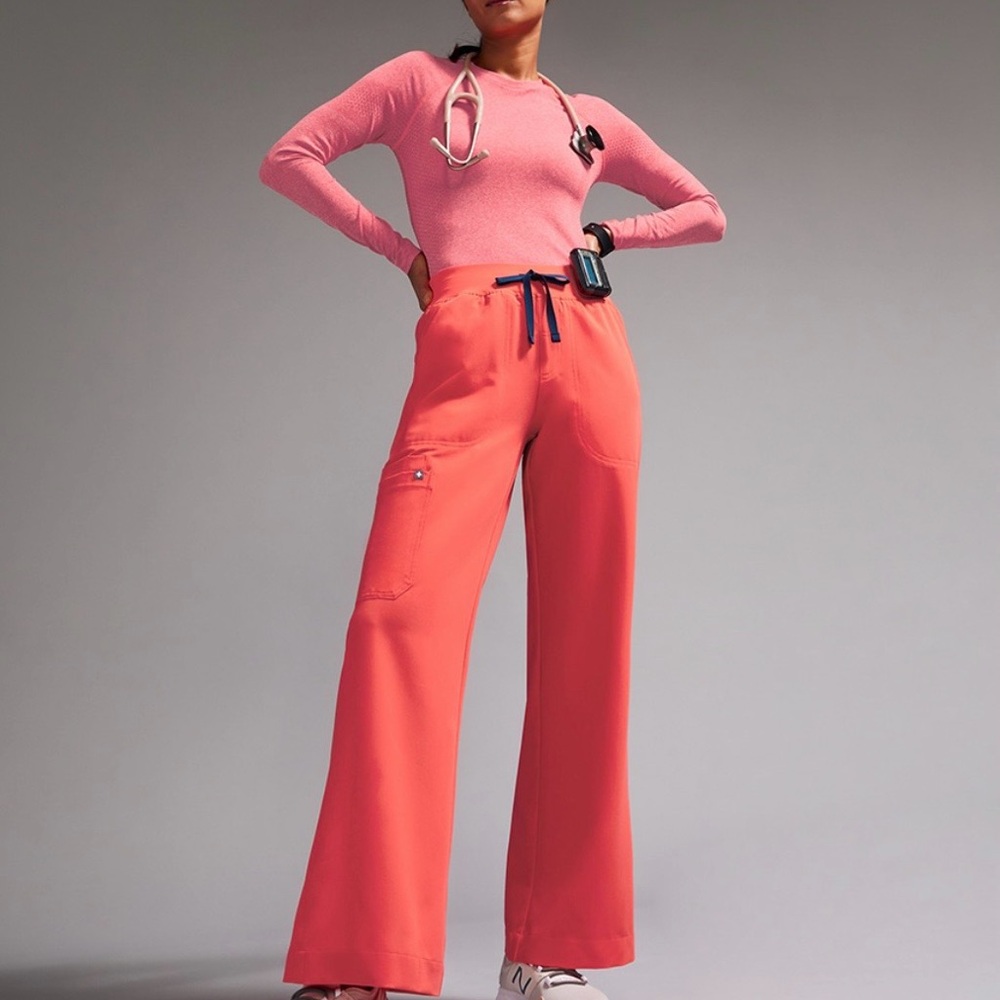High Waisted Isabel Wide Leg Scrub Pant || Fiery Coral || Figs